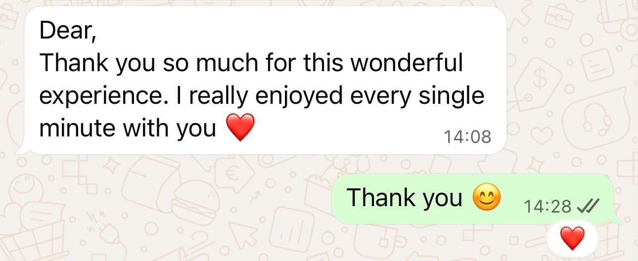 WhatsApp testimonial from a private client thanking Larissa for a wonderful experience.