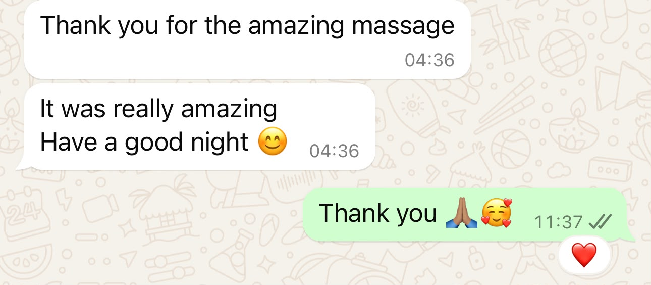WhatsApp testimonial from a private client describing the massage as amazing.