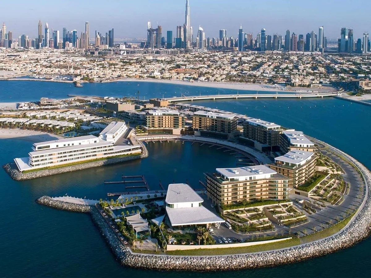Aerial view of Jumeirah Bay Island and the Dubai skyline