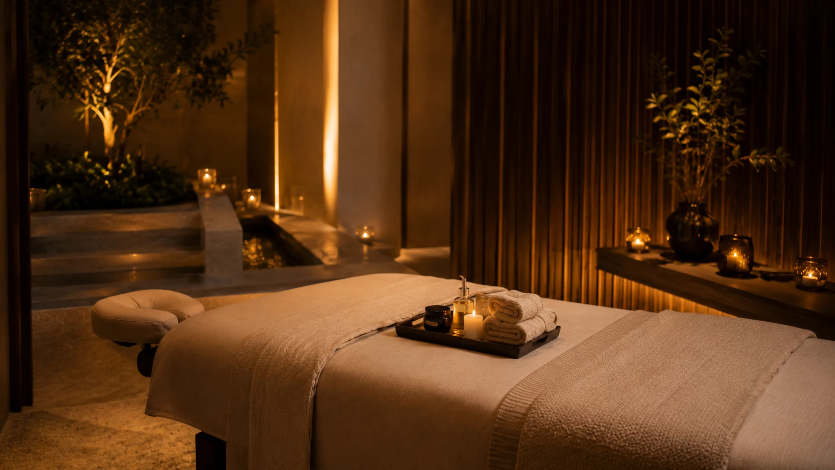 Private massage studio prepared with towels, oils and candlelight